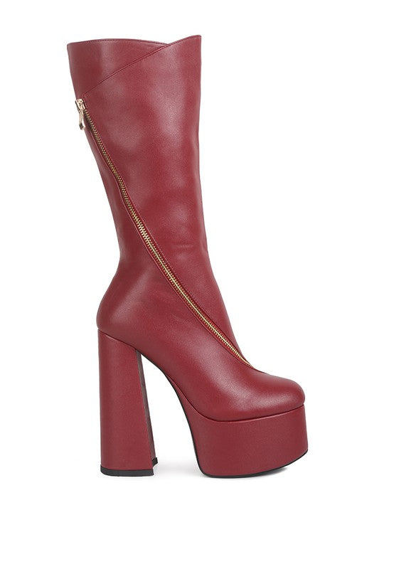 Tzar Faux Leather High Heeled Platf Calf Boots