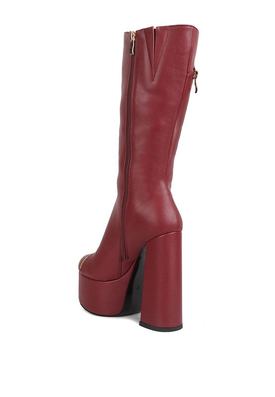 Tzar Faux Leather High Heeled Platf Calf Boots