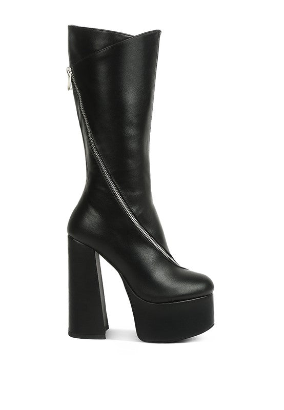 Tzar Faux Leather High Heeled Platf Calf Boots