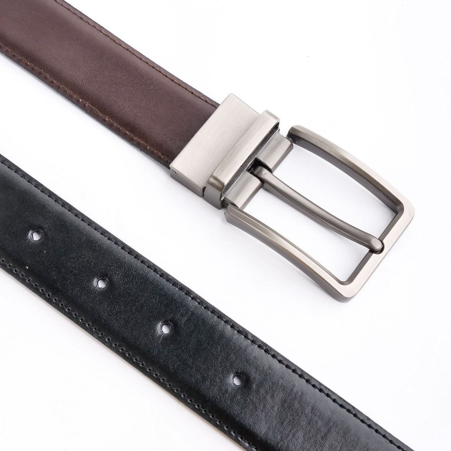 Double Sided Reversible Men's' Leather Belt-Black Dark Brown