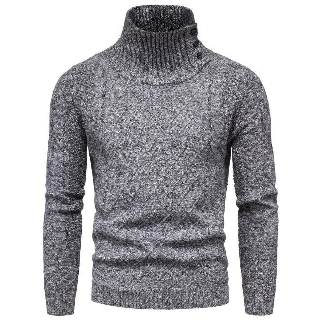 Men's Sweater Pullover Heap Collar Ribbed Knitted Sweatershirt with Leather Buttons Winter