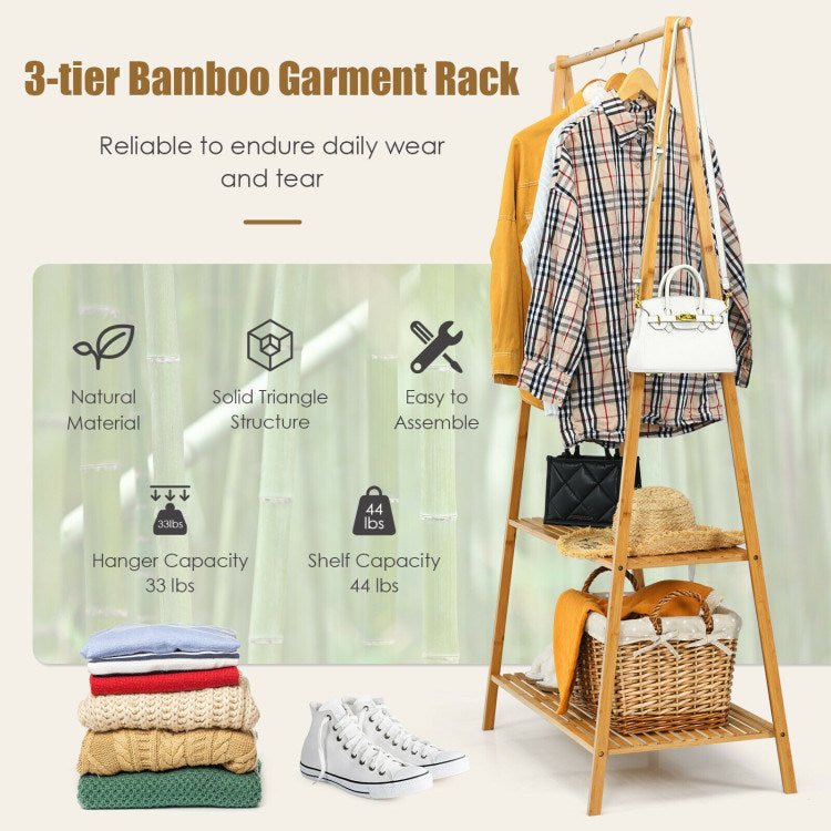 Bamboo Clothes Hanging Rack with 2-Tier Storage Shelf