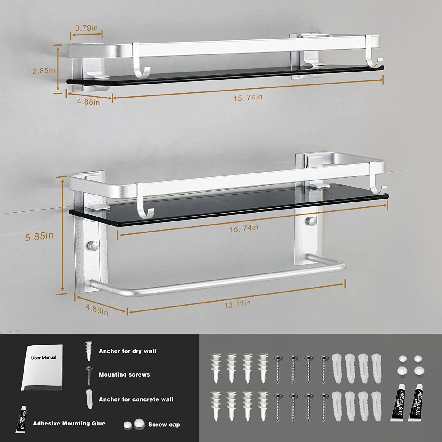 Glass Shelf for Bathroom with Towel Bar Tempered Glass Shelves