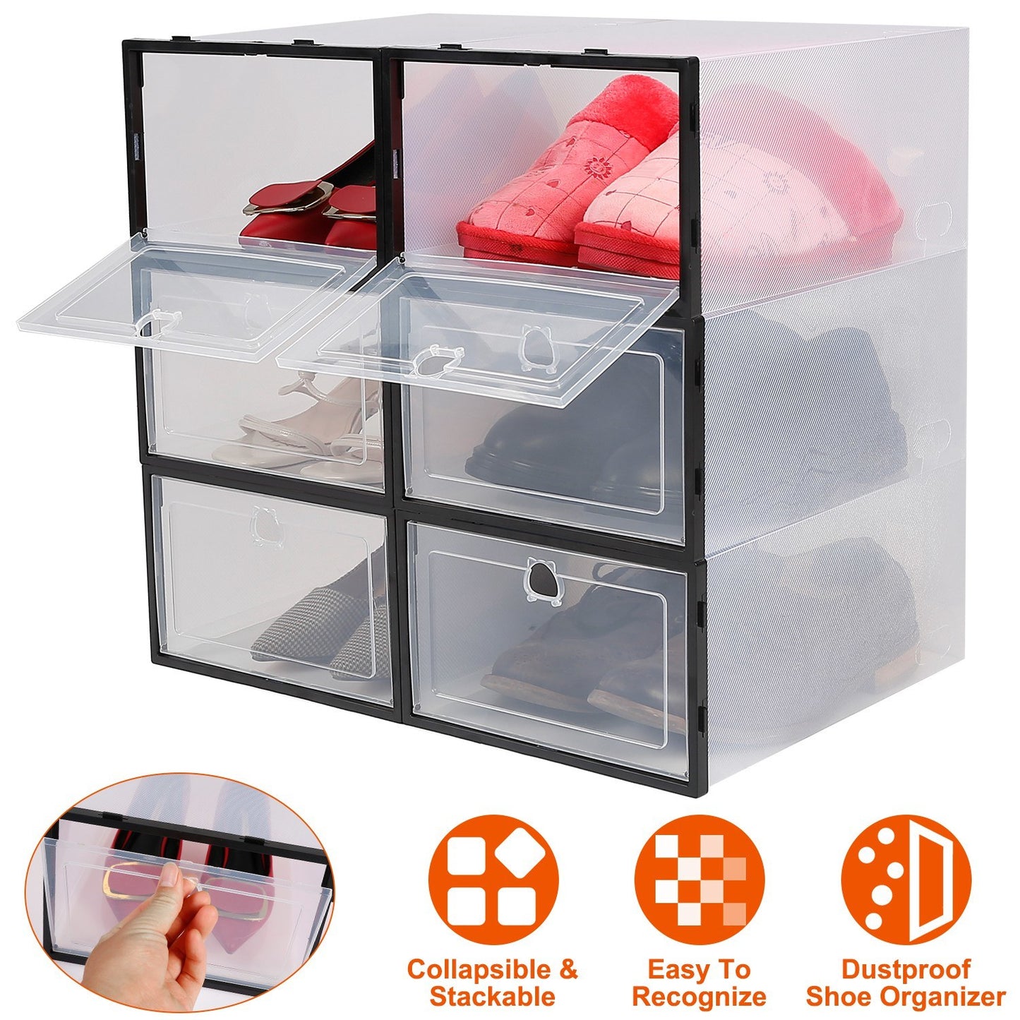 6Pc Collapsible Shoe Box Stackable Shoe Storage