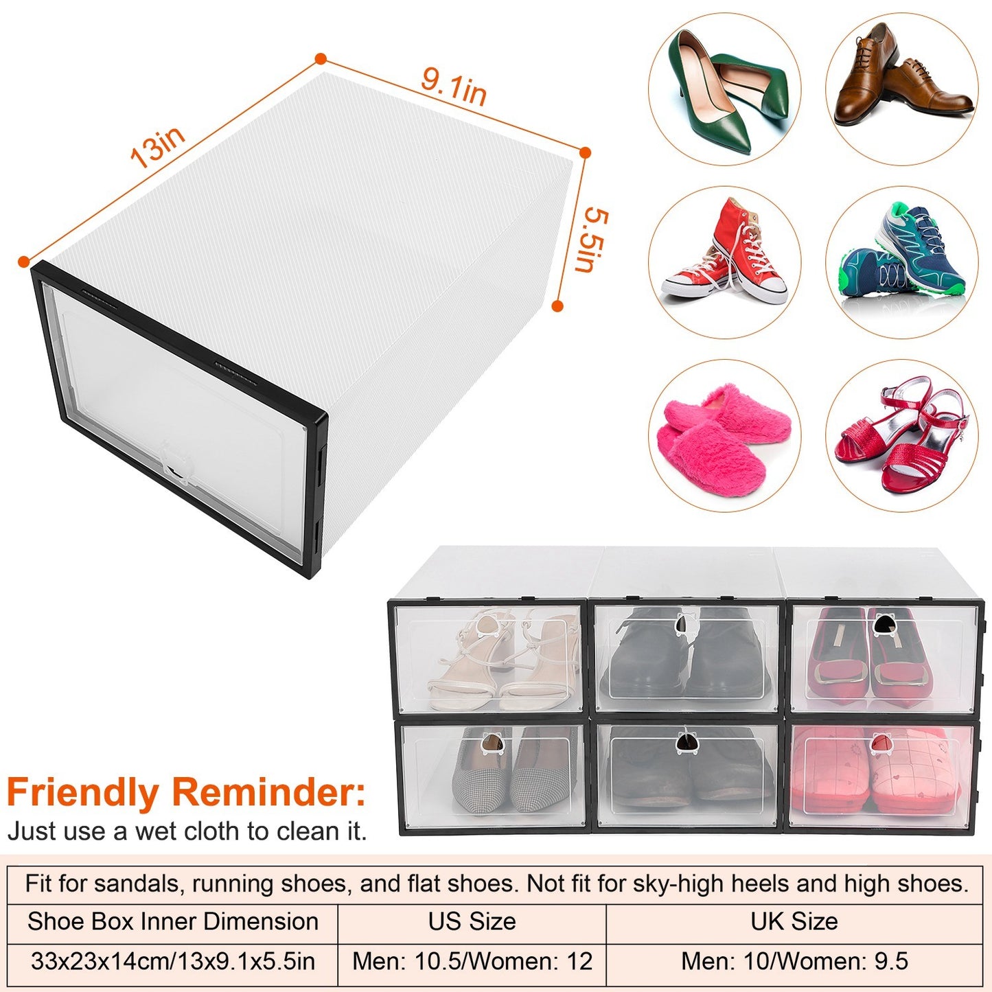 6Pc Collapsible Shoe Box Stackable Shoe Storage