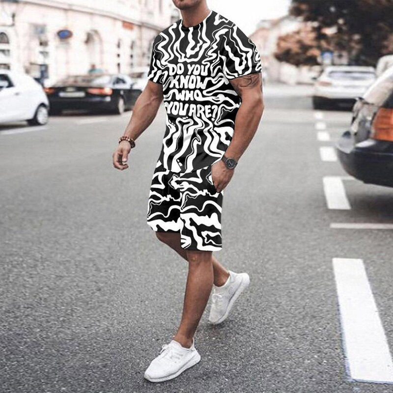 men's 3D T-shirt digital printing short-sleeved shorts suit two-piece set