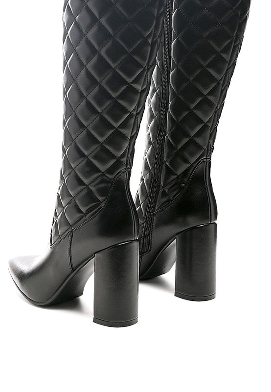 Quilt Knee High Block Heeled Boots
