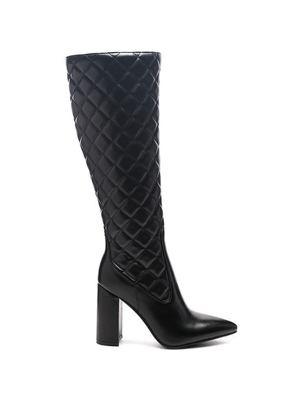 Quilt Knee High Block Heeled Boots