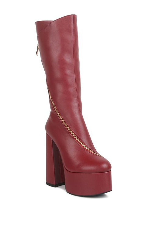 Tzar Faux Leather High Heeled Platf Calf Boots