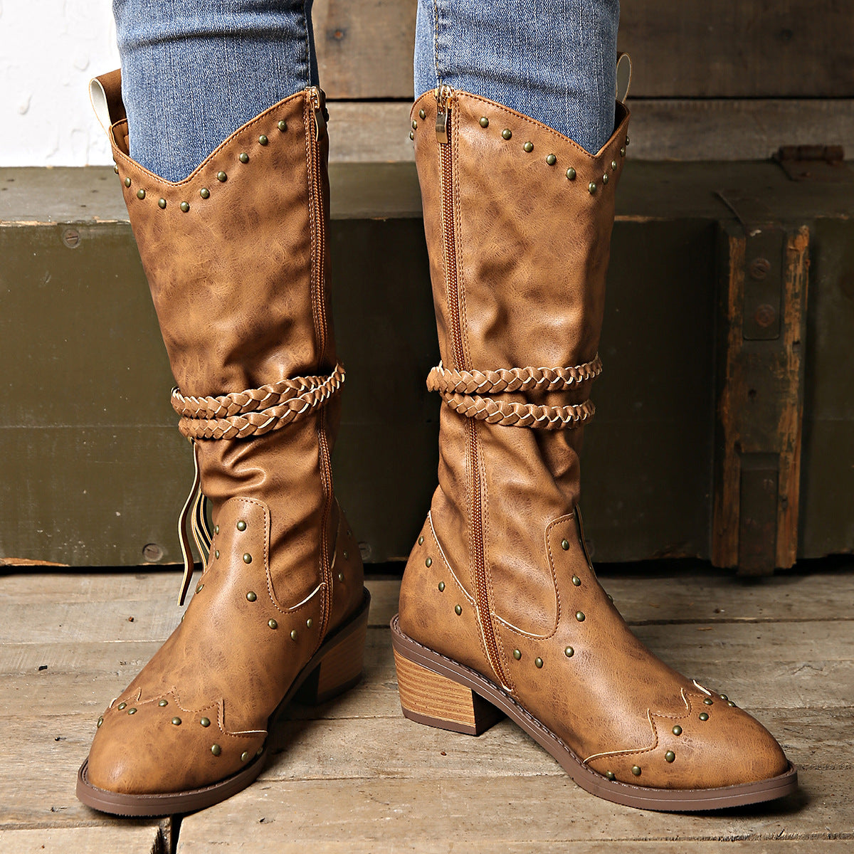 Studded Leather Block Heel Boots