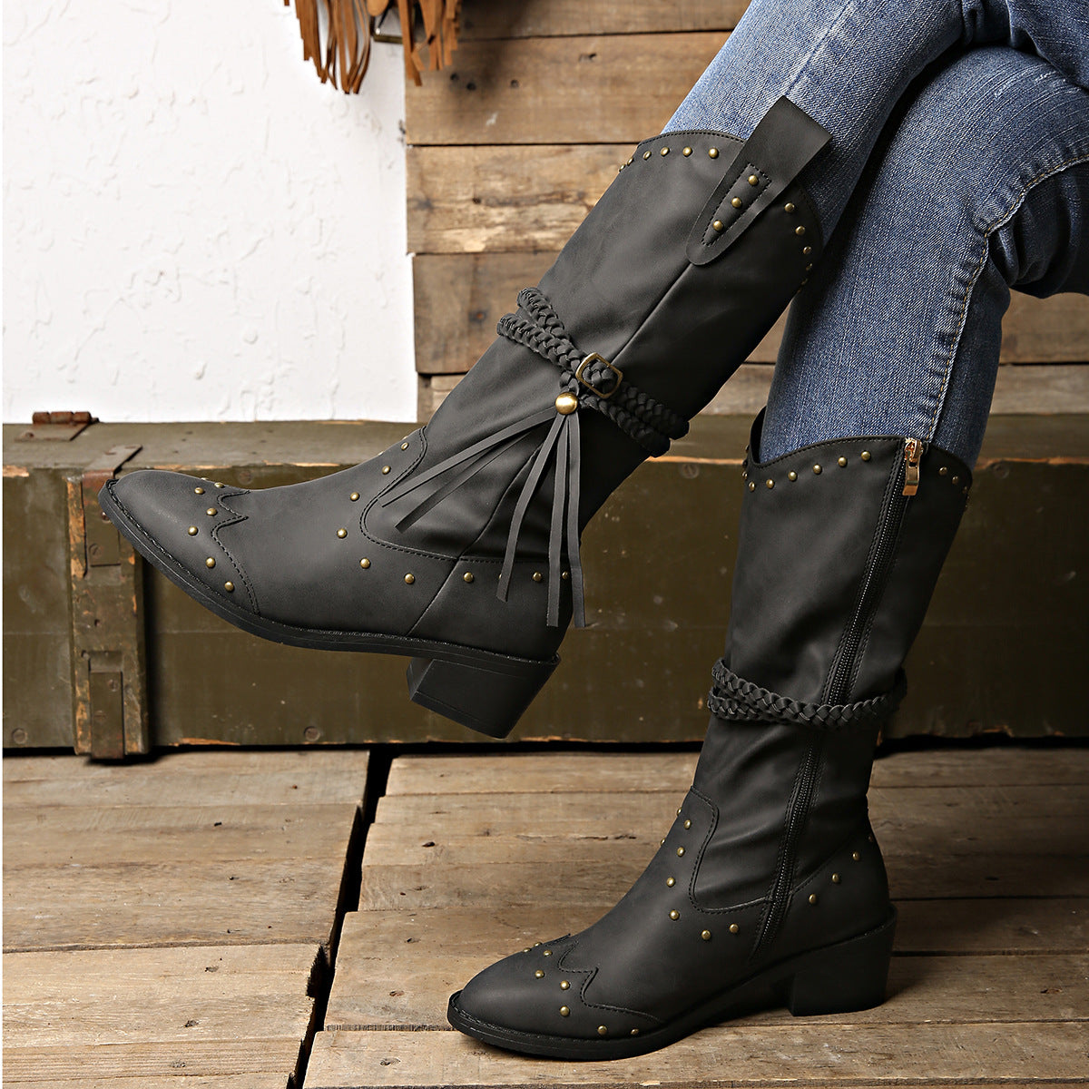 Studded Leather Block Heel Boots