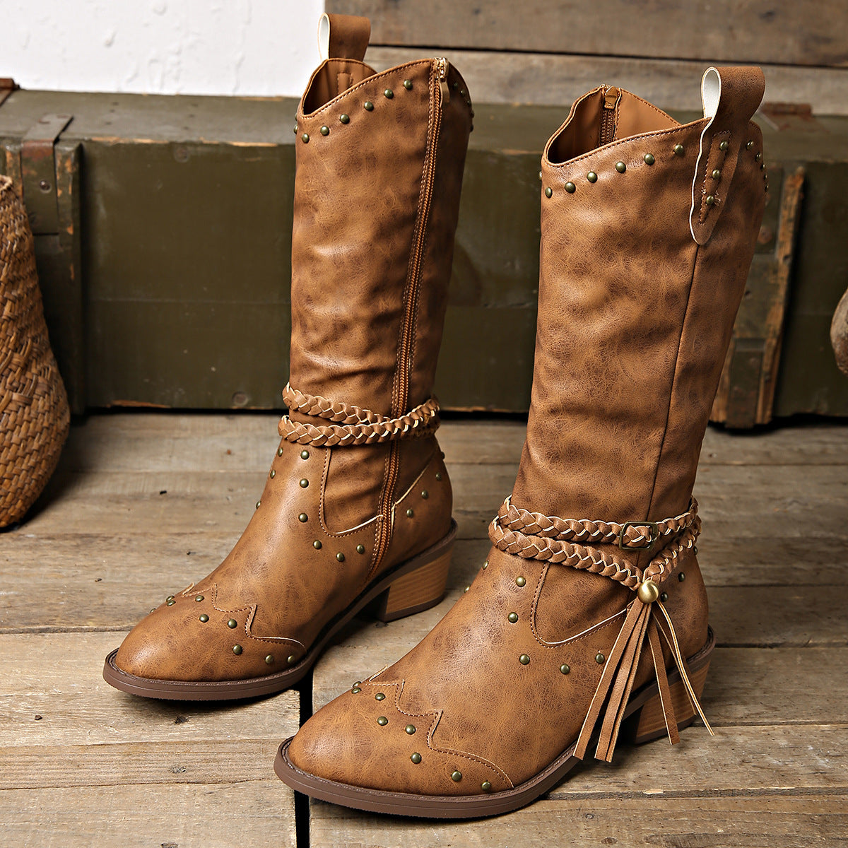 Studded Leather Block Heel Boots