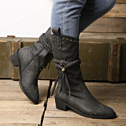 Studded Leather Block Heel Boots