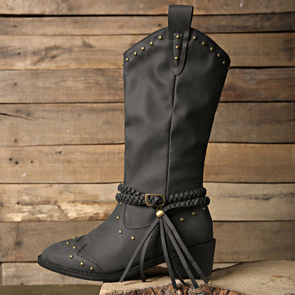 Studded Leather Block Heel Boots