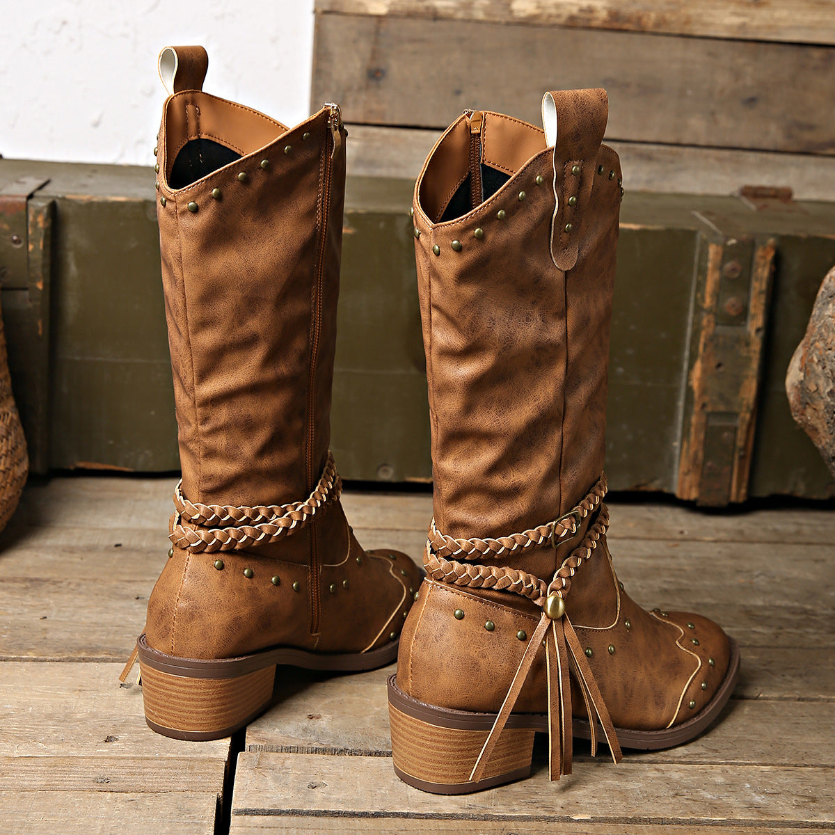 Studded Leather Block Heel Boots
