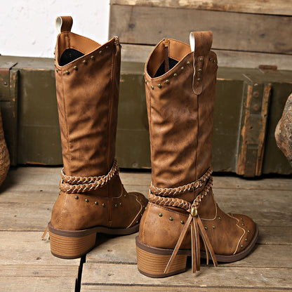 Studded Leather Block Heel Boots