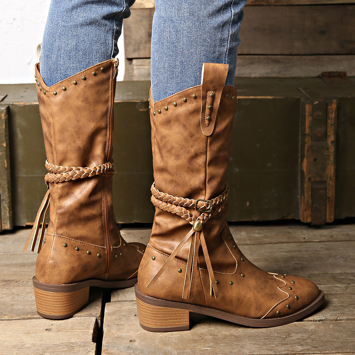 Studded Leather Block Heel Boots