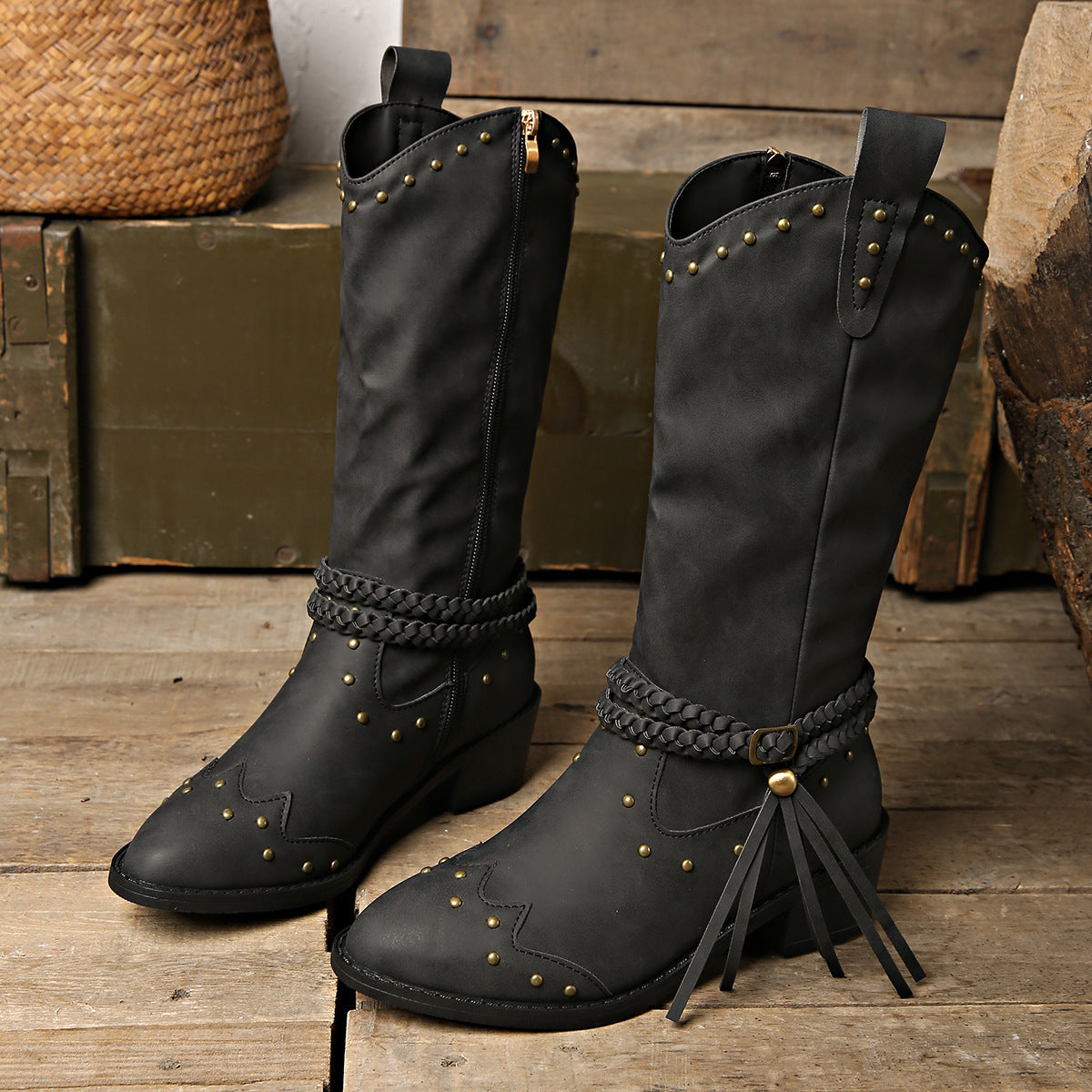 Studded Leather Block Heel Boots
