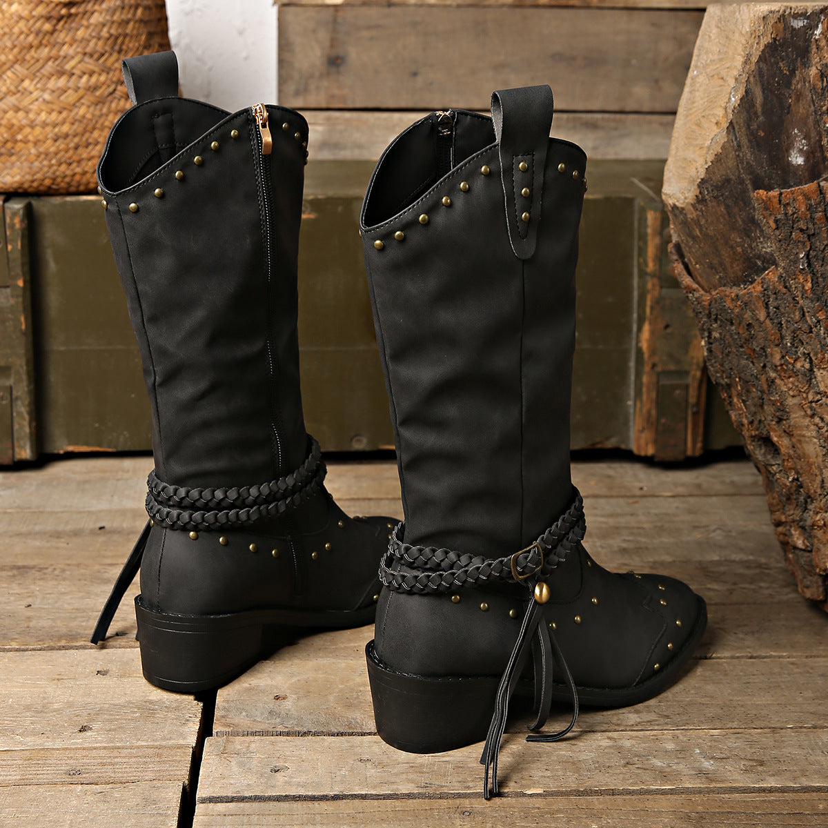 Studded Leather Block Heel Boots
