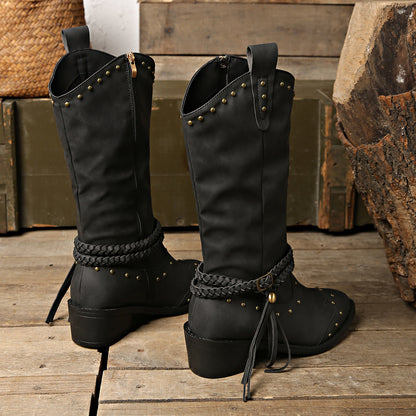 Studded Leather Block Heel Boots