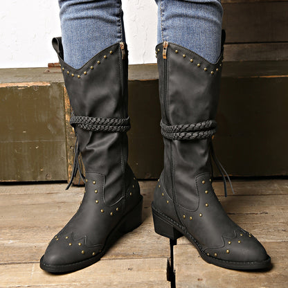 Studded Leather Block Heel Boots
