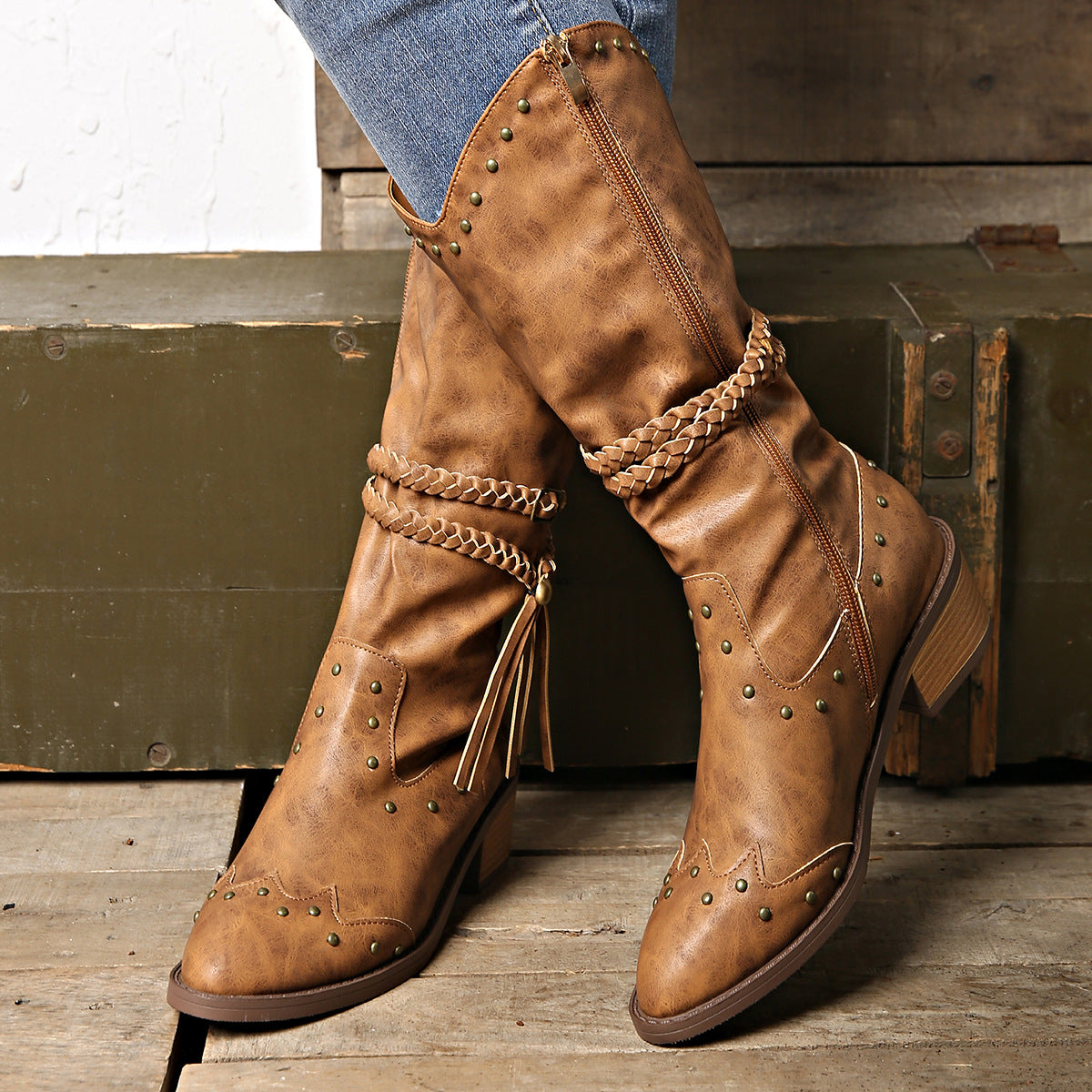 Studded Leather Block Heel Boots