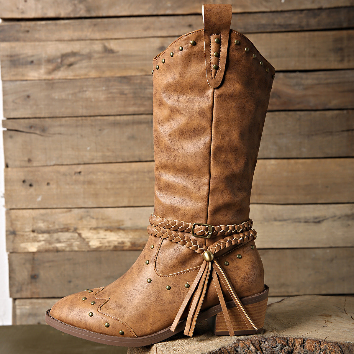Studded Leather Block Heel Boots