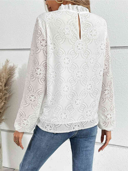 Eyelet Round Neck Long Sleeve Blouse