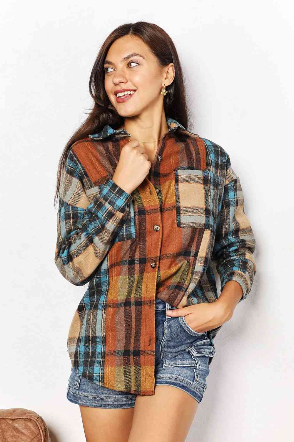 Double Take Plaid Curved Hem Shirt Jacket