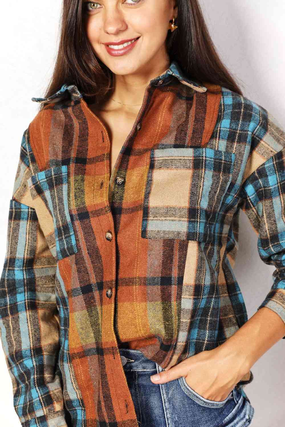 Double Take Plaid Curved Hem Shirt Jacket