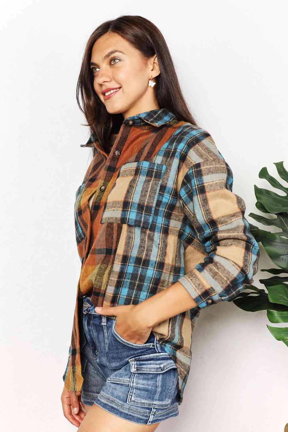 Double Take Plaid Curved Hem Shirt Jacket