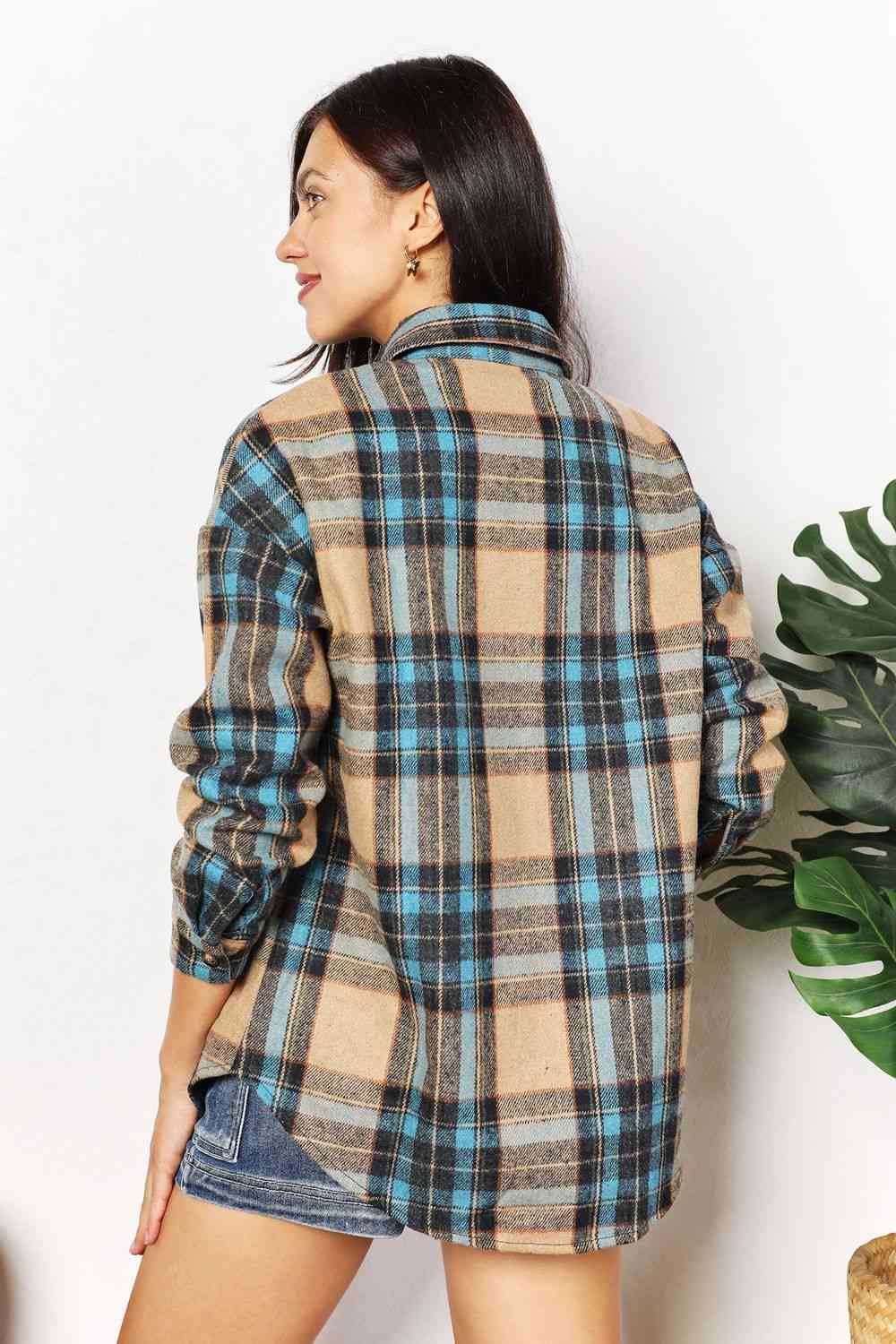 Double Take Plaid Curved Hem Shirt Jacket