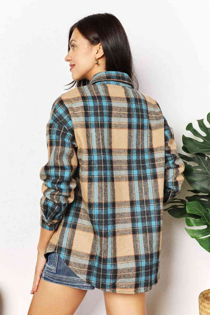 Double Take Plaid Curved Hem Shirt Jacket