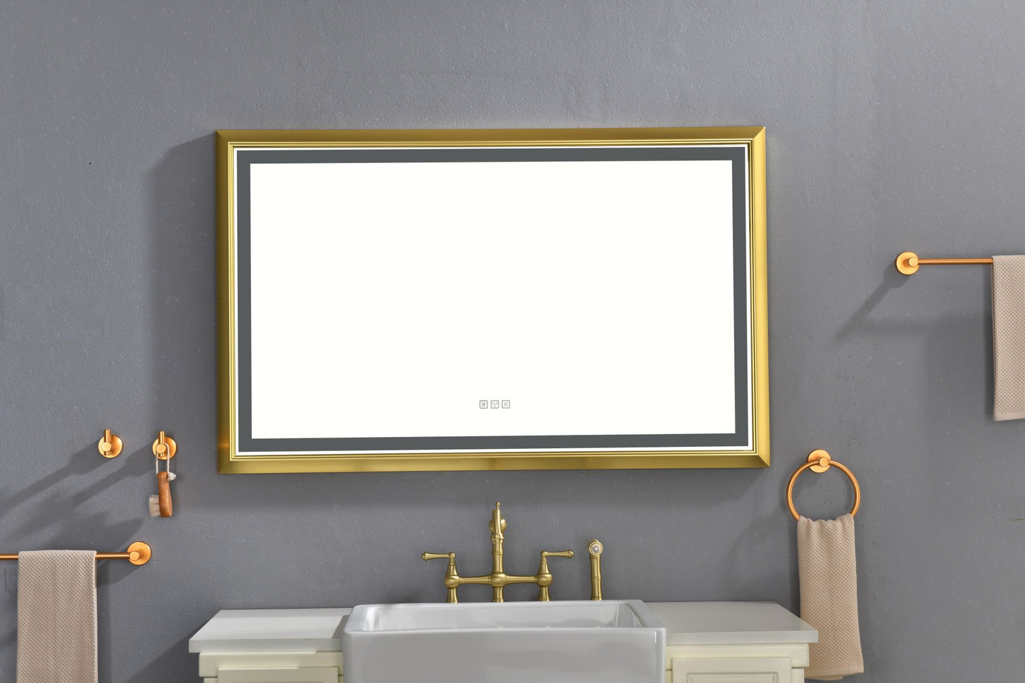 Oversized Rectangular Gold Framed LED Mirror Anti-Fog Dimmable Wall Mount Vanity Mirror