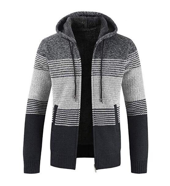 Men's Hooded Sweaters Jacket Heavyweight Full Zip Strips Patchwork Hoodies with Pockets 4 Colors