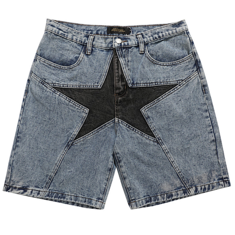 Men's Patchwork Oversized Hip-Hop Blue Jeans Shorts