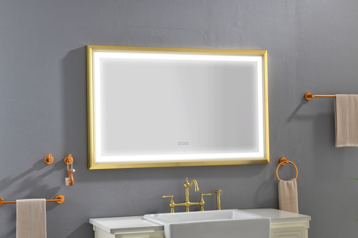 Oversized Rectangular Gold Framed LED Mirror Anti-Fog Dimmable Wall Mount Vanity Mirror
