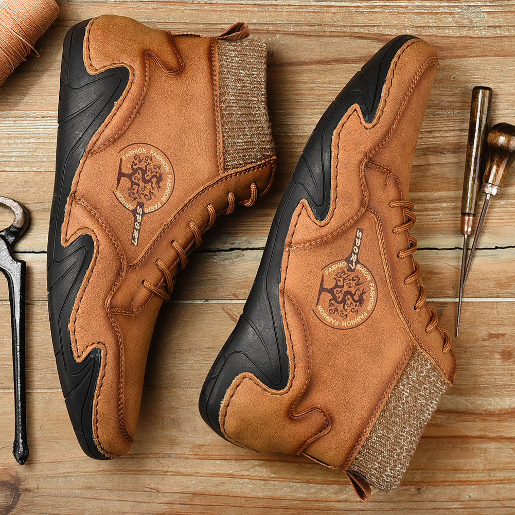 Spring Autumn High Top Leather Shoes Winter Fleece Martin Boots Men Casual Sport Waterproof 38-48 Sock Mouth Outdoor Retro Cozy