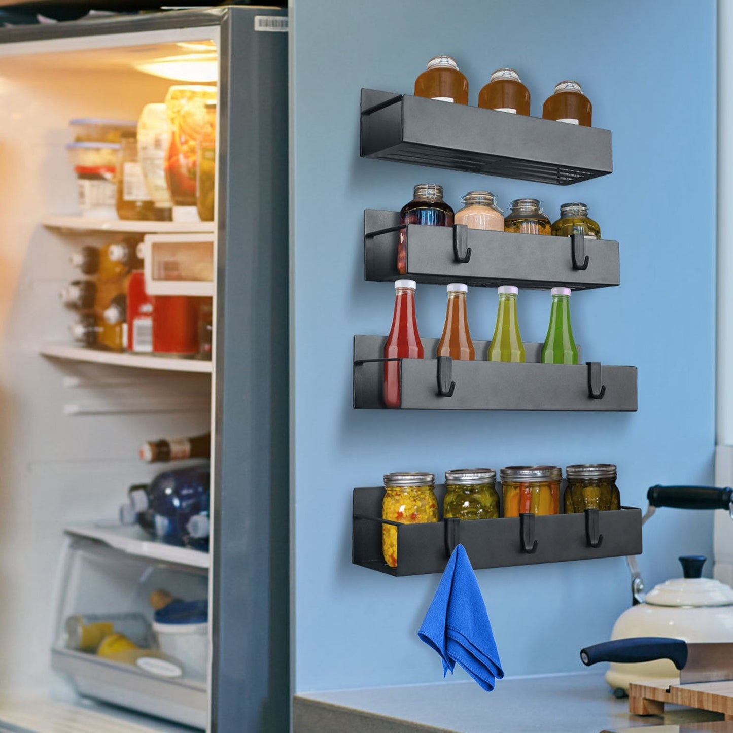 4Pc Spice Rack - Strong Magnetic Shelf with 8 Removable Hooks