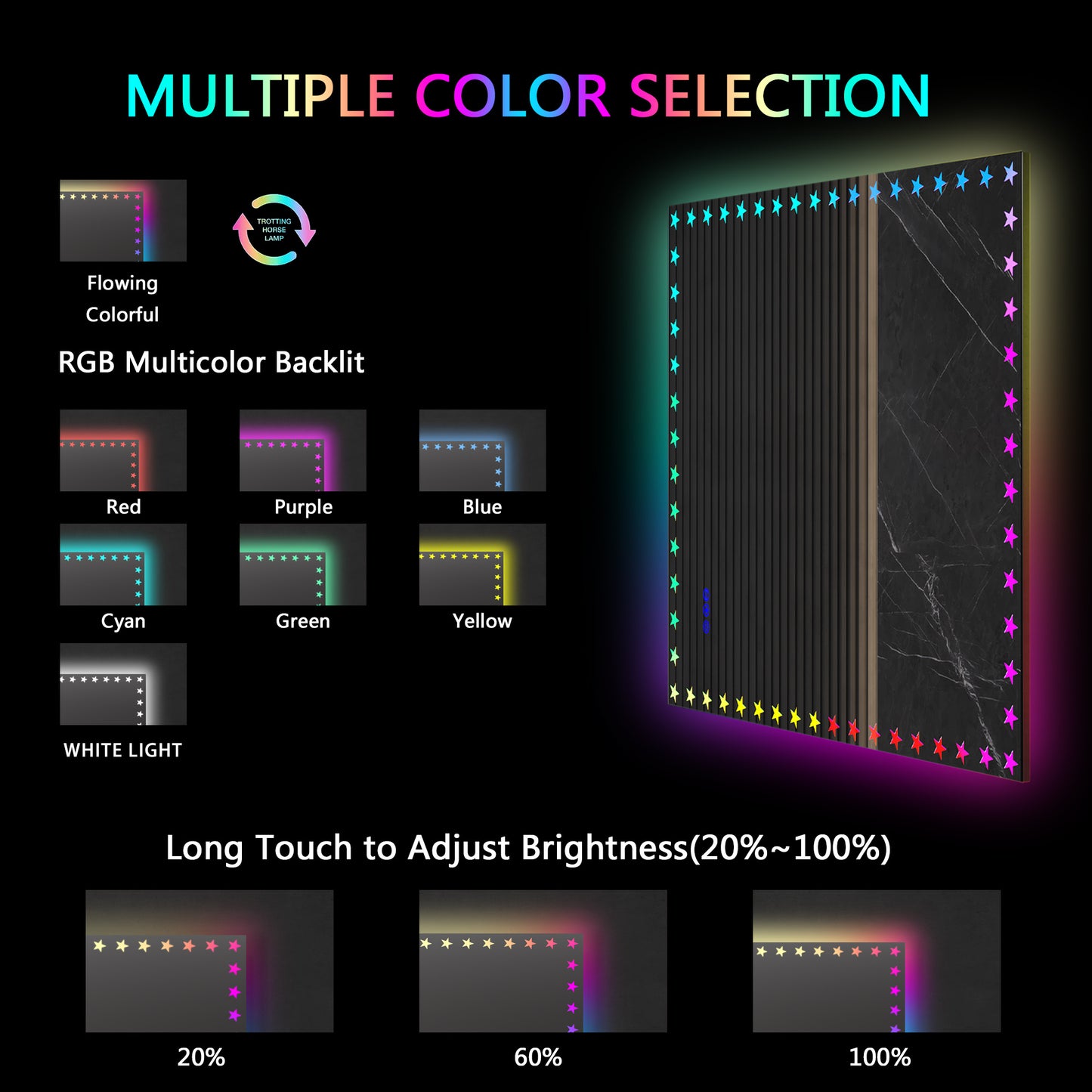 60X40 inch LED Bathroom Mirror with Lights Backlit RGB Color Changing Lighted Mirror