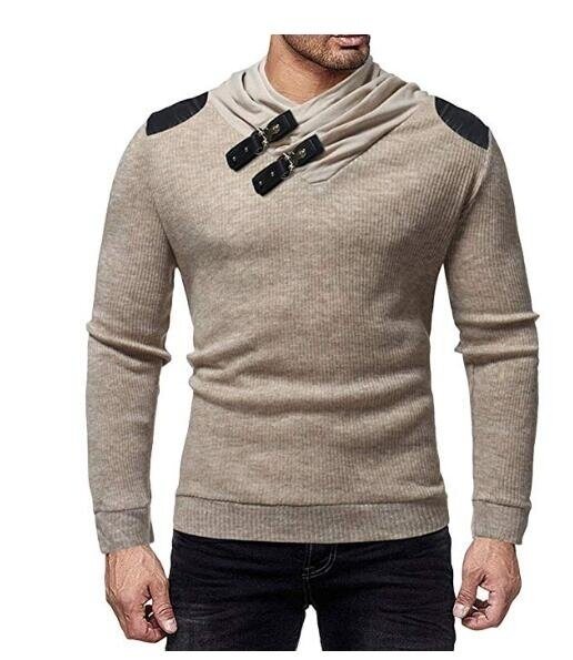 Men's Sweater Pullover Heap Collar Ribbed Knitted Sweatershirt with Leather Buttons Winter