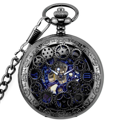 Black Mechanical Pocket Watch Vintage Flip Denim Chain