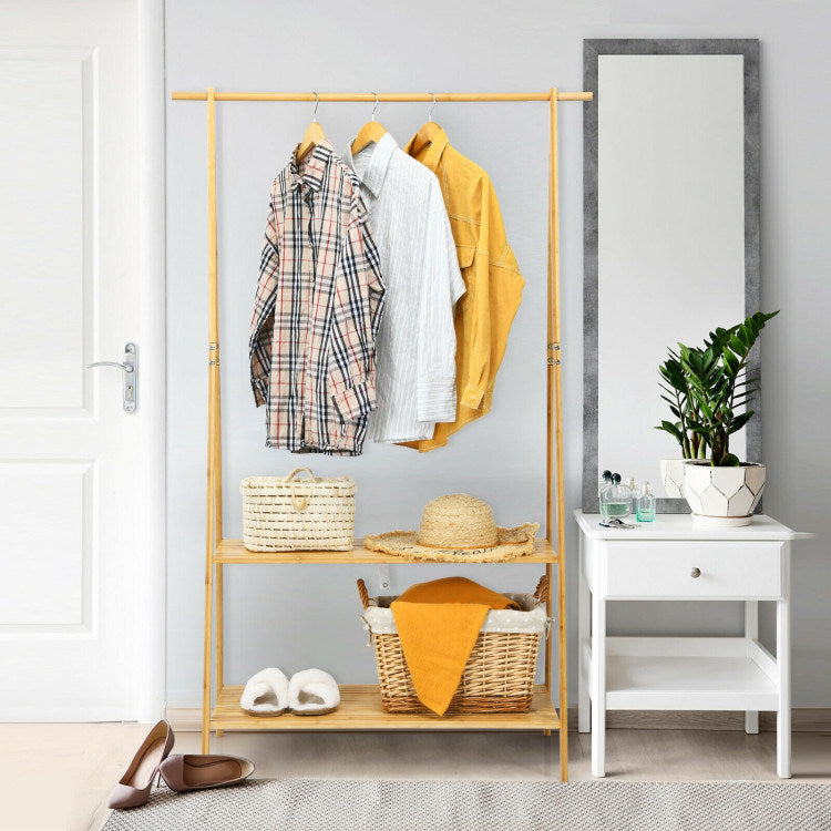 Bamboo Clothes Hanging Rack with 2-Tier Storage Shelf