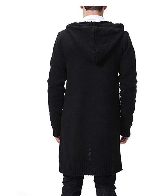 Men's Cardigan Sweater Mid Long Casual Warm Knitted Coat with Hood Padded