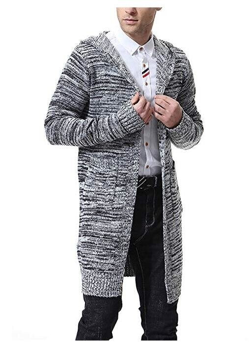 Men's Cardigan Sweater Mid Long Casual Warm Knitted Coat with Hood Padded