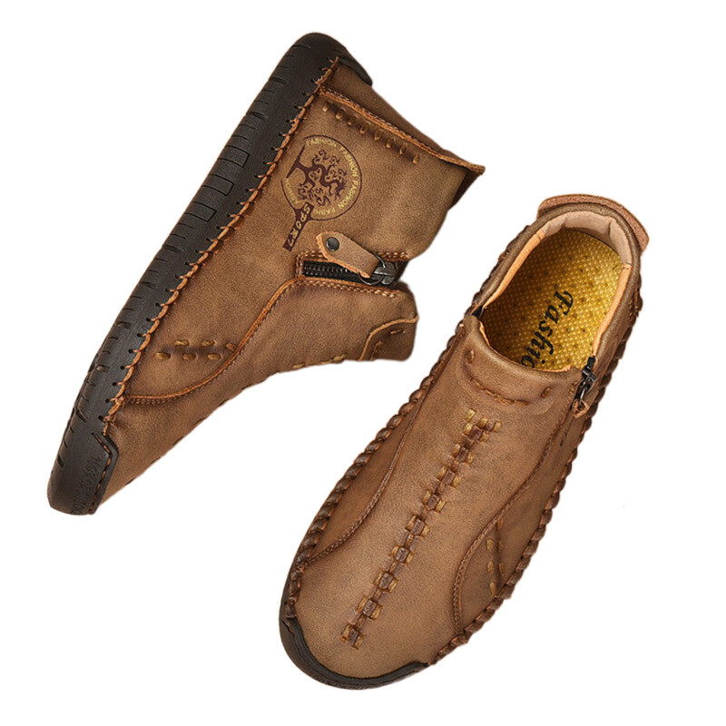 Spring Autumn Winter Ankle Martin Boots Men Retro Casual Slip on Leather Shoes Mid-top Hand Sewn Outdoor Zip Vintage Brown Green