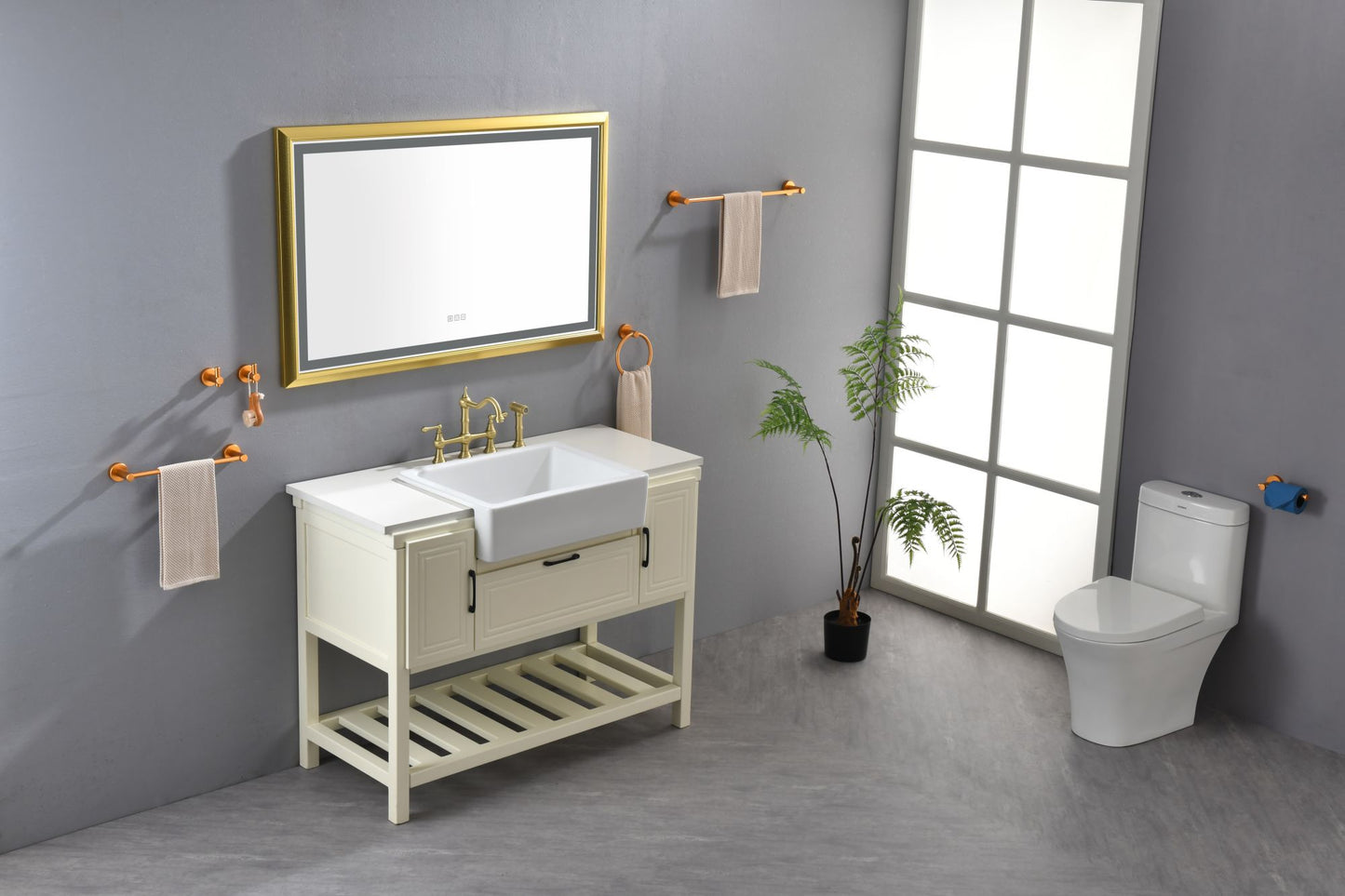 Oversized Rectangular Gold Framed LED Mirror Anti-Fog Dimmable Wall Mount Vanity Mirror