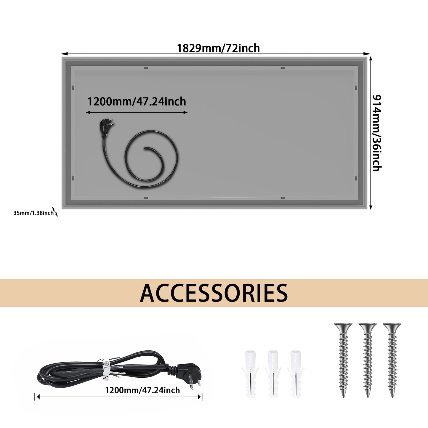 72X36 Inch Led-Lit Bathroom Mirror, Anti-Fog, Memory Rectangular Vanity Mirror