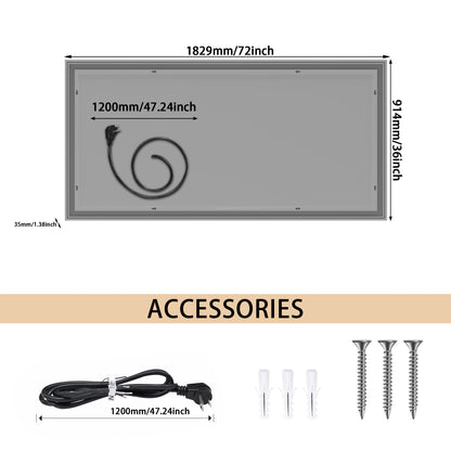 72X36 Inch Led-Lit Bathroom Mirror, Anti-Fog, Memory Rectangular Vanity Mirror