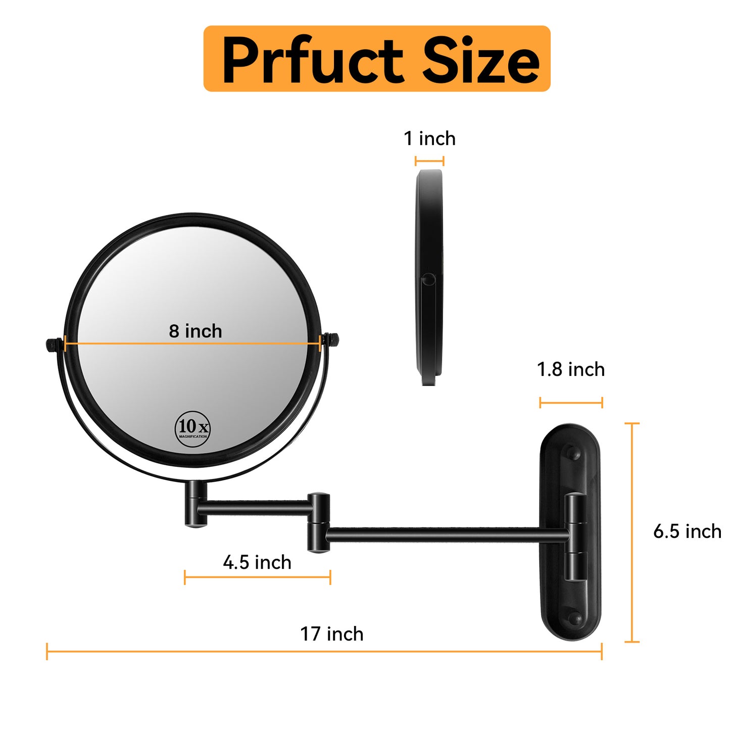 8 Inch Wall Mounted Vanity Mirror, Double Sided 1x/10x